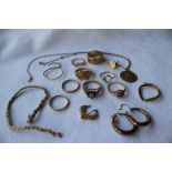 Assorted 9ct gold earrings, pendant, wedding bands, signet rings, dress rings etc,