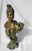 After J Fairo An Art Nouveau style bust of a maiden Painted spelter Signed to the reverse 35cm high