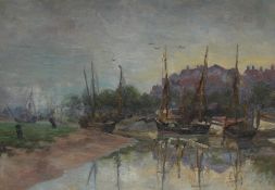 Dunlop Boats on a river Oil on canvas Inscribed verso 34.5 x 49.