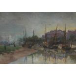 Dunlop Boats on a river Oil on canvas Inscribed verso 34.5 x 49.