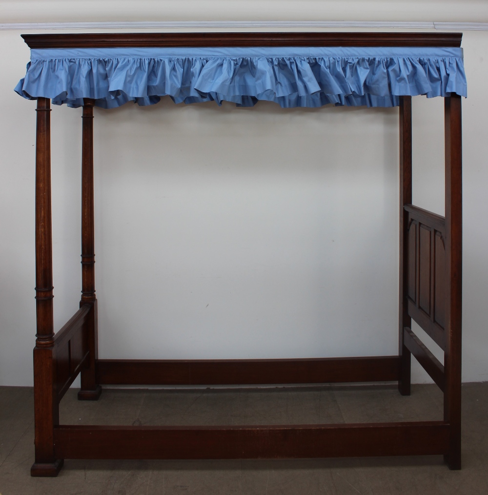 A 20th century oak four poster single bed, the canopy with a moulded cornice, - Image 4 of 7