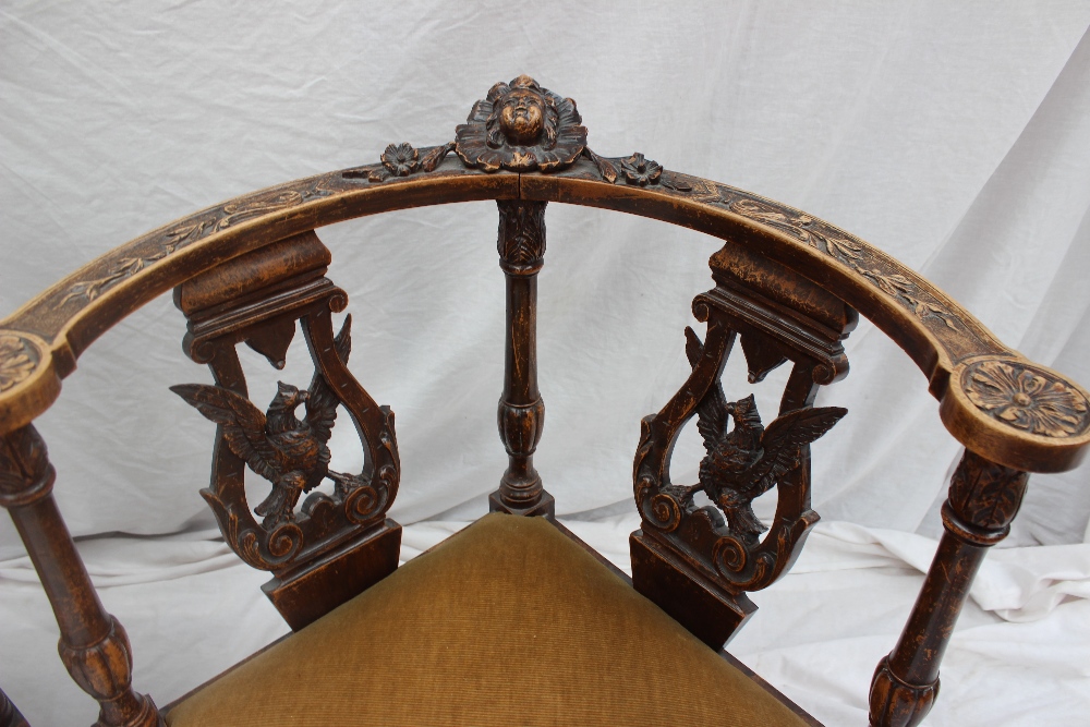 A pair of 19th century continental corner chairs, carved with a figure head and leaves, - Image 2 of 5