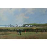 Michael J Coates A golfing scene with an industrial landscape in the background Gouache Signed 27 x