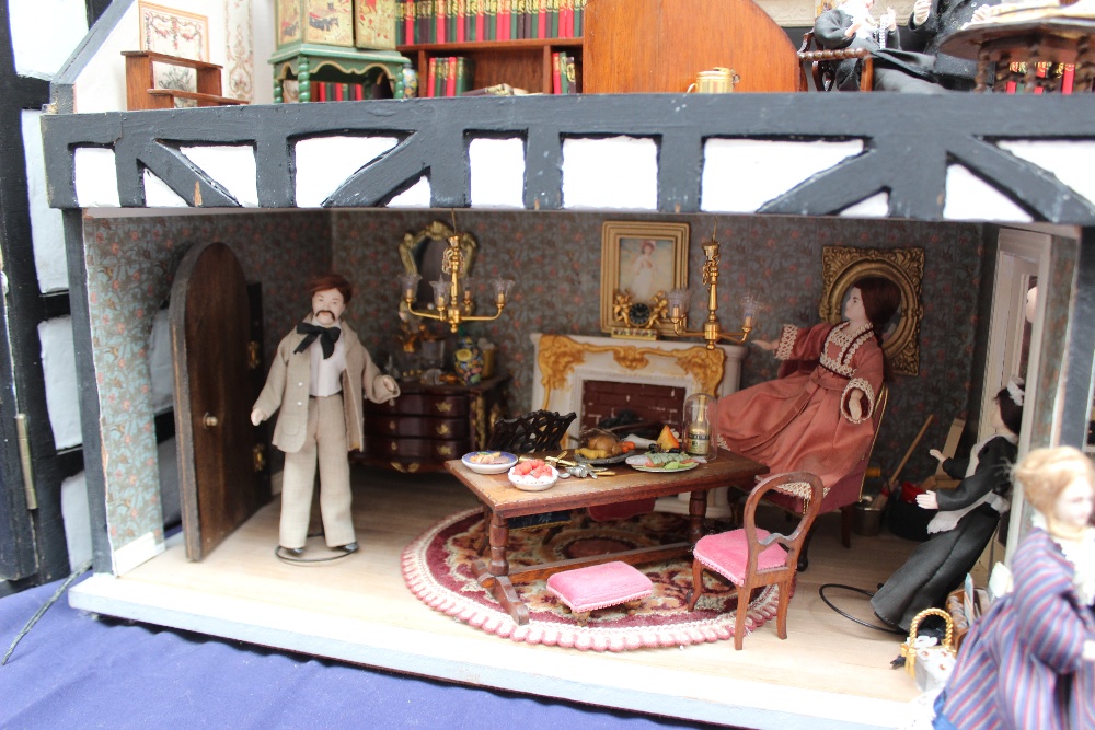 Dolls House - A long house, the hinged slate roof opening to reveal a library with bookcases, - Image 4 of 5