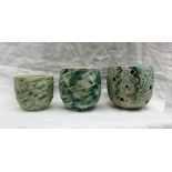 Studio pottery by Barbara Ineson - A set of three pottery vases with a green line and dot