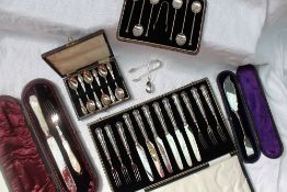 A late Victorian silver and mother of pearl carving knife and fork set, Sheffield, 1892,
