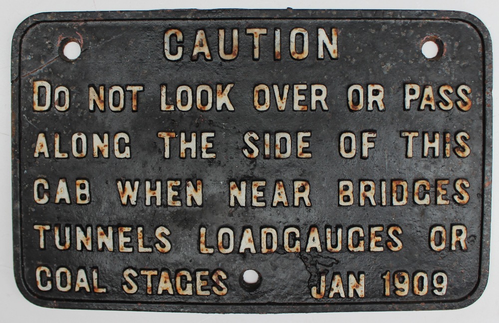 A cast iron railway notice plate, "Caution,