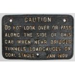 A cast iron railway notice plate, "Caution,