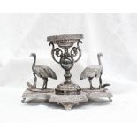 A electroplated Britannia metal table centrepiece in the form of a central urn flanked by Emu's,