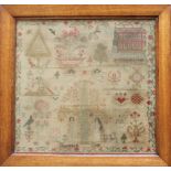 A 19th century sampler decorated with an image of Worcester House, with images of birds,