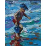 Sue McDonagh Kids on the beach Acrylic Signed and label verso 12.