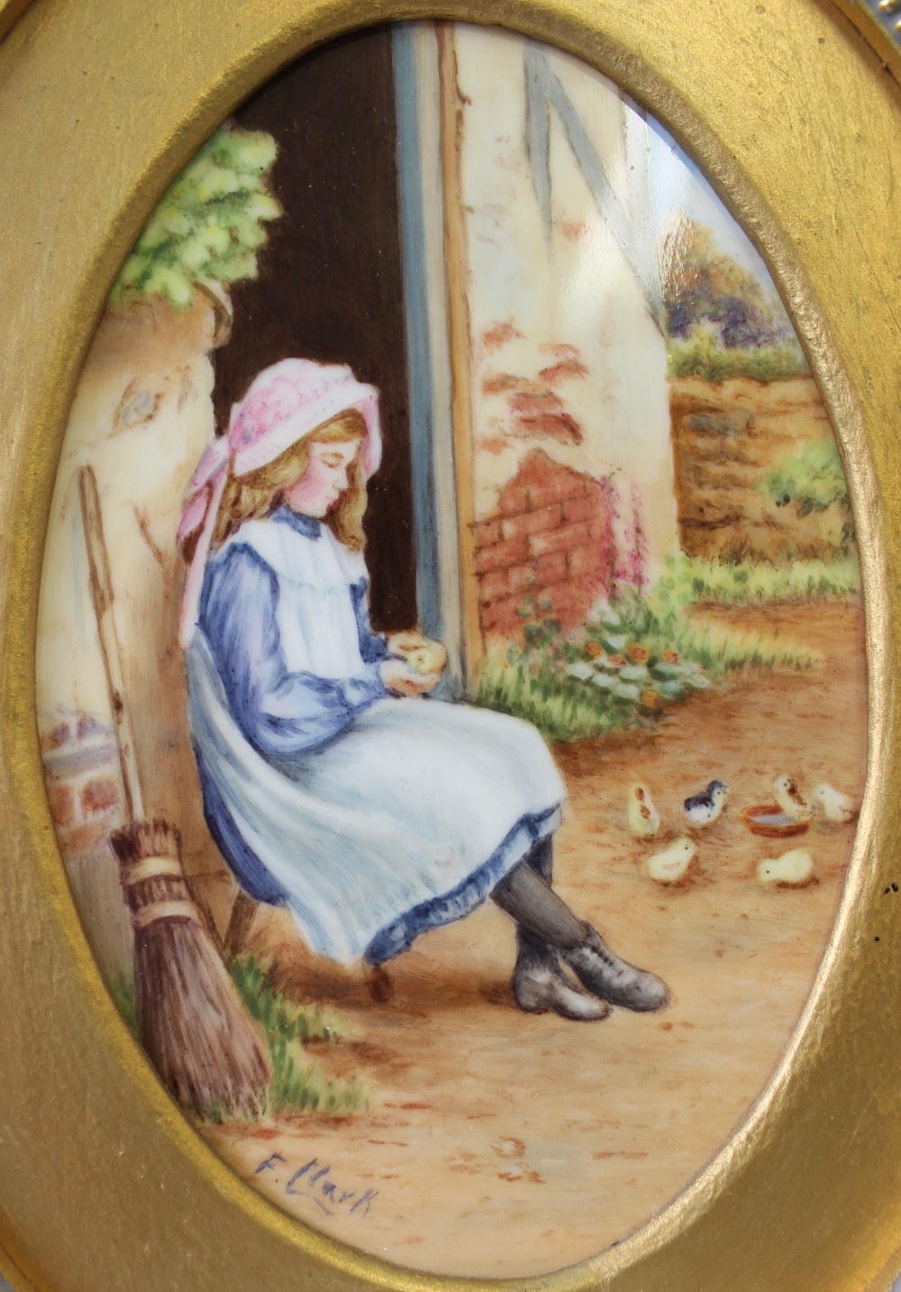 A Francis Clark porcelain plaque of oval form painted with a young girl feeding chicks, - Image 5 of 6