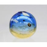 A Norman Stuart Clarke art glass vase of spherical shape and cloud patterns to a blue and green