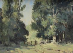 James Longueville The Gate Oil on board Signed and inscribed verso 34.5 x 49.