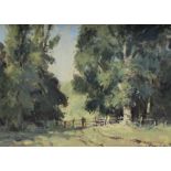 James Longueville The Gate Oil on board Signed and inscribed verso 34.5 x 49.