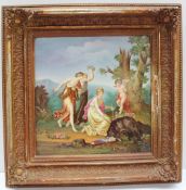 A 19th century continental porcelain plaque of square form painted with cupid tied to a tree,