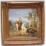 A 19th century continental porcelain plaque of square form painted with cupid tied to a tree,