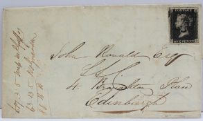 An 1840 Penny Black on a cover with the corner letters O.B.