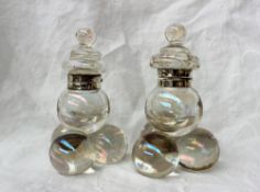A pair of Elizabeth II silver mounted and iridescent bubble glass ball pyramid inkwells, London,
