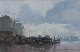 Roy Perry Foreshore Shadwell Gouache Signed Adam Gallery label verso dated 1992 14 x 21cm