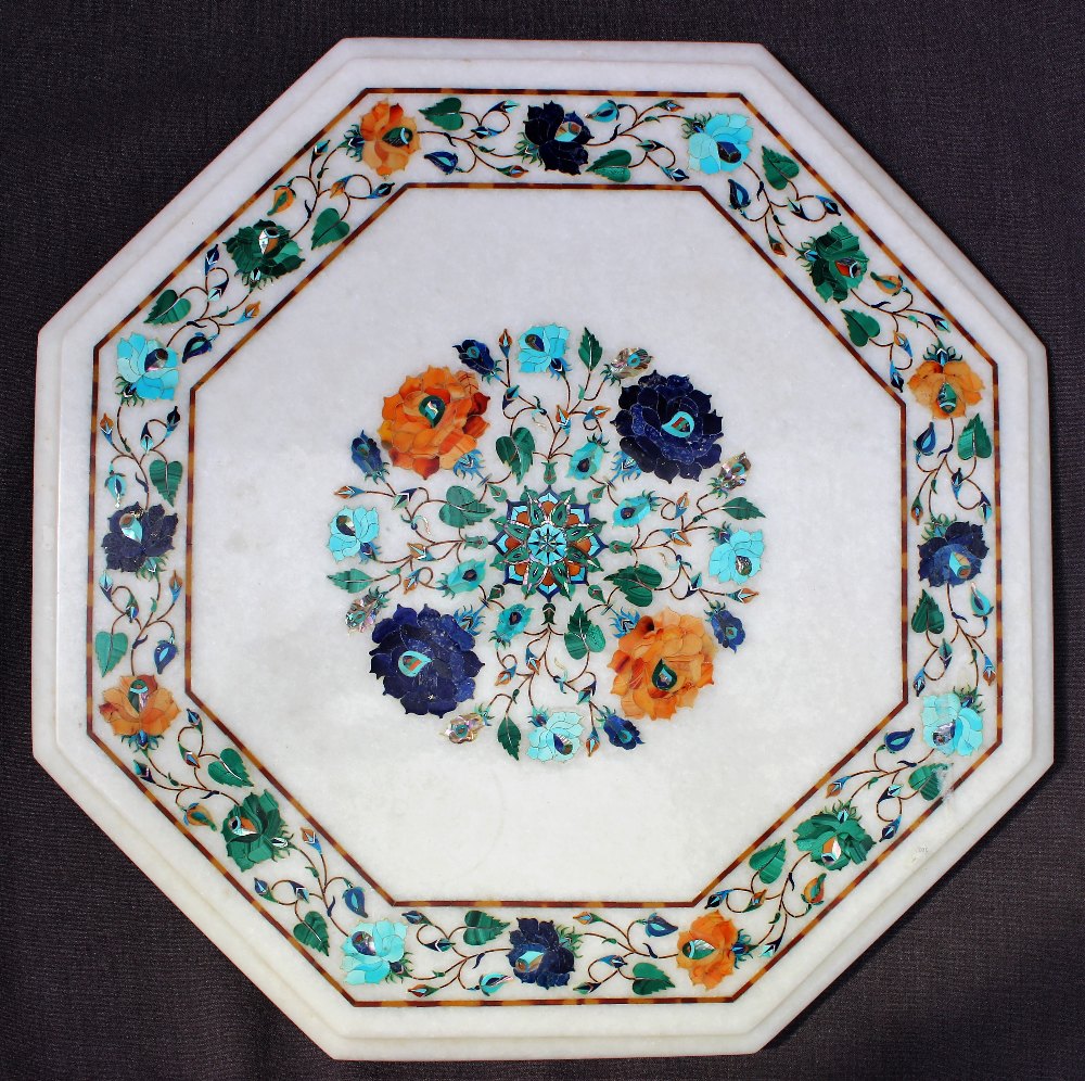A white marble Pietra Dura table top,