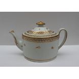 A 19th century porcelain teapot of oval form decorated with a floral band in gilt lines,