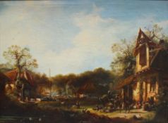 19th century Continental School Figures unloading a cart in front of a cottage Oil on canvas 45 x