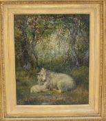 J H Sharp A ewe and lamb in a wooded landscape Oil on canvas Signed and dated '79 29 x 23.