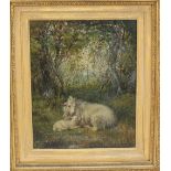 J H Sharp A ewe and lamb in a wooded landscape Oil on canvas Signed and dated '79 29 x 23.