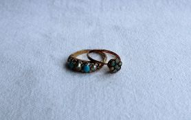 A turquoise and pearl line ring set with three pearls and two turquoise to a yellow metal setting