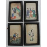 A set of four rice paper paintings depicting figures working and in interior scenes, 9 x 5.