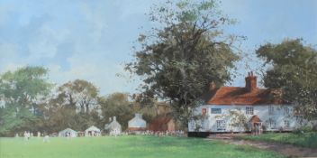 Roy Perry Cricket at the Swan Gouache Signed and Century Galleries label verso 31 x 62cm
