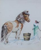 M Bear A pony in a snowy landscape Watercolour Signed 20 x 16.
