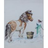 M Bear A pony in a snowy landscape Watercolour Signed 20 x 16.