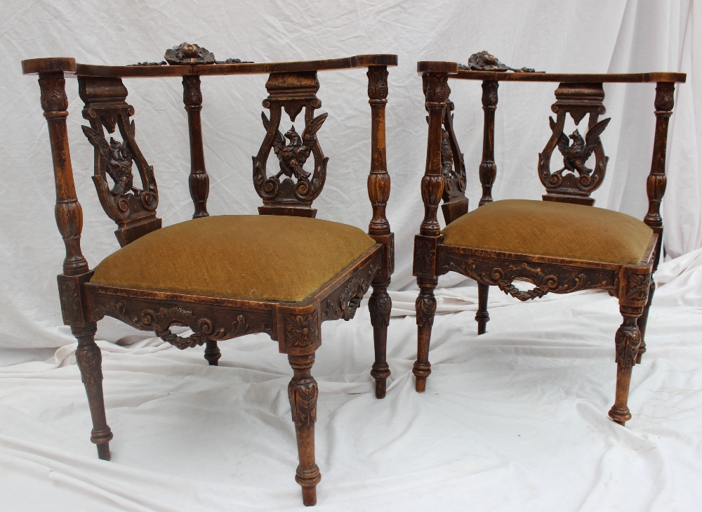 A pair of 19th century continental corner chairs, carved with a figure head and leaves, - Image 3 of 5