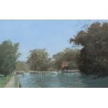 Roy Perry A River scene Gouache Signed Century Galleries label verso 34 x 53cm