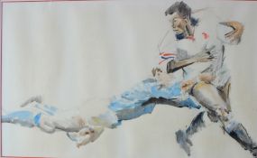 Sue McDonagh Gotcha An England rugby player being tackled Watercolour Signed and dated '92 50 x