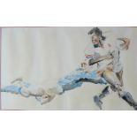 Sue McDonagh Gotcha An England rugby player being tackled Watercolour Signed and dated '92 50 x