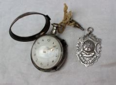 Late George III silver pair cased open faced pocket watch, London 1808,