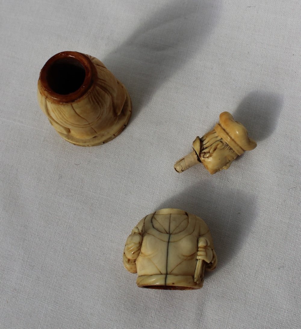 A late 19th century ivory figural container, in the form of a female figure holding a cloth and orb, - Image 5 of 8