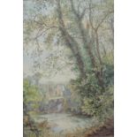 A E De Maine A river scene with ruins in the background Watercolour Signed 58 x 39cm