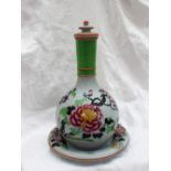 A 19th century Pompeii pottery bottle vase, cover and stand, decorated with flowers and leaves,