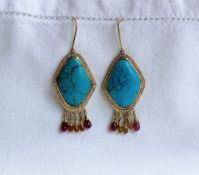 A pair of turquoise, diamond, ruby and yellow topaz earrings,