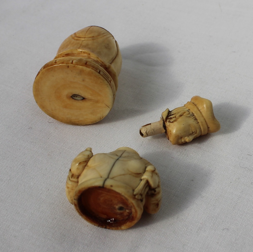 A late 19th century ivory figural container, in the form of a female figure holding a cloth and orb, - Image 6 of 8