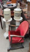 An oak stool together with a stoneware Sherry barrel, a stoneware bread bin,