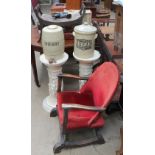 An oak stool together with a stoneware Sherry barrel, a stoneware bread bin,