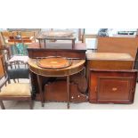 A child's elbow chair together with a reproduction side table, an occasional table, chiffonier base,