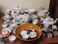 A Chameleon ware pottery bowl together with 18th century porcelain teapots, scenic painted tea set,