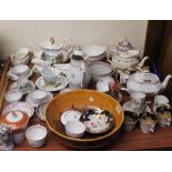 A Chameleon ware pottery bowl together with 18th century porcelain teapots, scenic painted tea set,