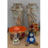 A pair of Royal Dux vases decorated with maidens together with a Wade Carnival 3 figure,